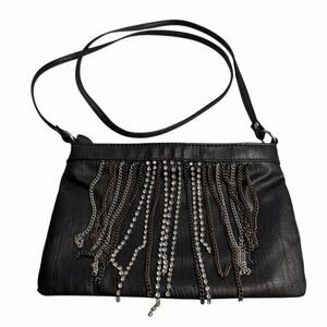 Exhilaration Black Faux Leather Fringe Chain Crossbody Bag Womens